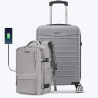 Set troler cabina si rucsac Quasar & Co.®, 55x35x20cm/43x30x20 cm, bagaj de mana, troller cu rucsac calatorie avion, Priority Pack, ABS/pes, arginitiu