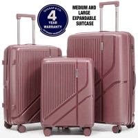 Set 3 trolere Quasar & Co.®, S/M/L, cabina/cala, valize cu fermoar antifurt, bagaje cu cifru, maner telescopic, geamantane cu 4 roti duble silentioase 360°, Mediu-Mare-extensibile, PP, cate 2 compartimente cu buzunar, AERO, roz pudrat