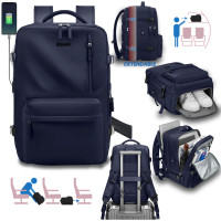 Rucsac Quasar & Co.®, bagaj de mana avion, multifunctional, extensibil, impermeabil, compartiment pantofi, compartiment laptop, sistem agatare pe troler, rucsac calatorie/voiaj pretabil drumetii/scoala, cu USB, textil, 43x30x20-28 cm bleumarin