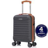 Troler cabina avion Quasar & Co.®, 40x30x20cm, bagaj de mana, troller cu fermoar sigur, cifru, maner telescopic lung, geamantan cu 4 roti duble detasabile, 360°, valiza ABS 2.8 mm, rezistent, 2 compartimente cu buzunar, 10kg, LINE, gri/maro