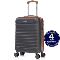 Troler cabina avion Quasar & Co.®, 55x36x20cm, bagaj de mana, troller cu fermoar antifurt, cifru, maner telescopic lung, geamantan cu 4 roti duble silentioase 360°, valiza ABS 2.8 mm, rezistent, 2 compartimente cu buzunar, 10kg, LINE, gri/maro