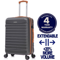 Troler mediu extensibil Quasar & Co.®, 66x41x26-31cm, bagaj de cala, troller avion cu fermoar antifurt, cifru, maner telescopic, geamantan cu 4 roti duble silentioase 360°, valiza ABS 2.8 mm, 2 compartimente cu buzunar, LINE, gri/maro