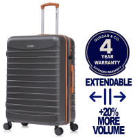 Troler mare extensibil Quasar & Co.®, 77x49x31-36cm, bagaj de cala, troller avion cu fermoar antifurt, cifru, maner telescopic, geamantan cu 4 roti duble silentioase 360°, valiza ABS 2.8 mm, 2 compartimente cu buzunar, LINE, gri/maro