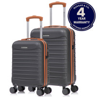 Set 2 trolere cabina Quasar & Co.®, 40x30x20 cm cu roti detasabile si 55x36x20 cm, bagaj de mana, troller cu fermoar antifurt, cifru, maner telescopic lung, geamantan 4 roti duble 360°, valiza ABS 2.8 mm rezistent, 10kg, LINE, gri/maro