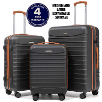 Set 3 trolere Quasar & Co.®, S/M/L, valize cu fermoar antifurt, bagaje cu cifru, maner telescopic, geamantane cu 4 roti duble silentioase 360°, ABS 2.8 mm extradur, captuseala buretata, cate 2 compartimente cu buzunar, LINE, gri/maro