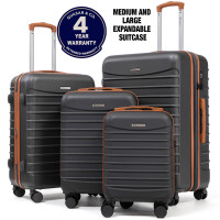 Set 4 trolere Quasar & Co.®, XS/S/M/L, valize cu fermoar antifurt, bagaje mana/cala, cu cifru, maner telescopic, geamantane cu 4 roti duble silentioase 360°, ABS, cate 2 compartimente cu buzunar, LINE, gri/maro