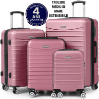 Set 4 trolere Quasar & Co.®, XS/S/M/L, valize cu fermoar antifurt, bagaje mana/cala, cu cifru, maner telescopic, geamantane cu 4 roti duble silentioase 360°, ABS, cate 2 compartimente cu buzunar, LINE, roz pudrat