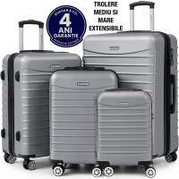 Set 4 trolere Quasar & Co.®, XS/S/M/L, valize cu fermoar antifurt, bagaje mana/cala, cu cifru, maner telescopic, geamantane cu 4 roti duble silentioase 360°, ABS, cate 2 compartimente cu buzunar, LINE, argintiu