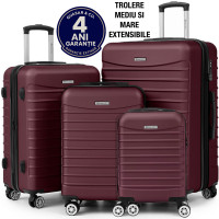 Set 4 trolere Quasar & Co.®, XS/S/M/L, valize cu fermoar antifurt, bagaje mana/cala, cu cifru, maner telescopic, geamantane cu 4 roti duble silentioase 360°, ABS, cate 2 compartimente cu buzunar, LINE, visiniu