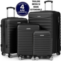 Set 4 trolere Quasar & Co.®, XS/S/M/L, valize cu fermoar antifurt, bagaje mana/cala, cu cifru, maner telescopic, geamantane cu 4 roti duble silentioase 360°, ABS, cate 2 compartimente cu buzunar, LINE, negru