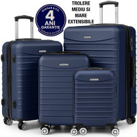 Set 4 trolere Quasar & Co.®, XS/S/M/L, valize cu fermoar antifurt, bagaje mana/cala, cu cifru, maner telescopic, geamantane cu 4 roti duble silentioase 360°, ABS, cate 2 compartimente cu buzunar, LINE, bleumarin