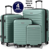Set 4 trolere Quasar & Co.®, XS/S/M/L, valize cu fermoar antifurt, bagaje mana/cala, cu cifru, maner telescopic, geamantane cu 4 roti duble silentioase 360°, ABS, cate 2 compartimente cu buzunar, LINE, turcoaz deschis