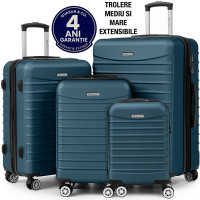 Set 4 trolere Quasar & Co.®, XS/S/M/L, valize cu fermoar antifurt, bagaje mana/cala, cu cifru, maner telescopic, geamantane cu 4 roti duble silentioase 360°, ABS, cate 2 compartimente cu buzunar, LINE, albastru petrol