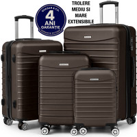 Set 4 trolere Quasar & Co.®, XS/S/M/L, valize cu fermoar antifurt, bagaje mana/cala, cu cifru, maner telescopic, geamantane cu 4 roti duble silentioase 360°, ABS, cate 2 compartimente cu buzunar, LINE, dark coffee