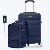 Set troler cabina si rucsac Quasar & Co.®, 55x35x20cm/43x30x20 cm, bagaj de mana, troller cu rucsac calatorie avion, Priority Pack, ABS/pes, bleumarin