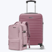 Set troler cabina si rucsac Quasar & Co.®, 55x35x20cm/43x30x20 cm, bagaj de mana, troller cu rucsac calatorie avion, Priority Pack, ABS/pes, roz pudrat