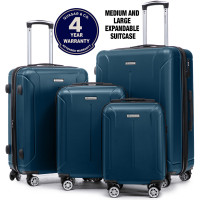 Set 4 trolere Quasar & Co.®, XS/S/M/L, valize cu fermoar antifurt, bagaje mana/cala, cu cifru, maner telescopic, geamantane cu 4 roti duble silentioase 360°, ABS, cate 2 compartimente cu buzunar, SMART, albastru petrol