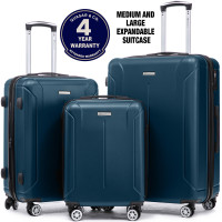 Set 3 trolere Quasar & Co.®, S/M/L, valize cu fermoar antifurt, bagaje cu cifru, maner telescopic, geamantane cu 4 roti duble silentioase 360°, ABS 2.8 mm extradur, captuseala buretata, cate 2 compartimente cu buzunar, SMART, albastru petrol