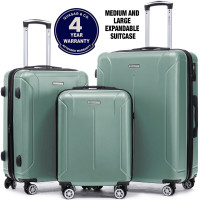 Set 3 trolere Quasar & Co.®, S/M/L, valize cu fermoar antifurt, bagaje cu cifru, maner telescopic, geamantane cu 4 roti duble silentioase 360°, ABS 2.8 mm extradur, captuseala buretata, cate 2 compartimente cu buzunar, SMART, turcoaz deschis