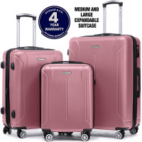Set 3 trolere Quasar & Co.®, S/M/L, valize cu fermoar antifurt, bagaje cu cifru, maner telescopic, geamantane cu 4 roti duble silentioase 360°, ABS 2.8 mm extradur, captuseala buretata, cate 2 compartimente cu buzunar, SMART, roz pudrat