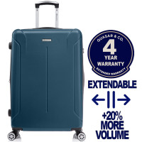 Troler mare extensibil Quasar & Co.®, 76,5x51x32-37cm, bagaj de cala, troller avion cu fermoar antifurt, cifru, maner telescopic, geamantan cu 4 roti duble silentioase 360°, valiza ABS 3 mm, 2 compartimente cu buzunar, SMART, albastru petrol