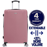Troler mare extensibil Quasar & Co.®, 76,5x51x32-37cm, bagaj de cala, troller avion cu fermoar antifurt, cifru, maner telescopic, geamantan cu 4 roti duble silentioase 360°, valiza ABS 3 mm, 2 compartimente cu buzunar, SMART, roz pudrat