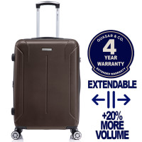 Troler mediu extensibil Quasar & Co.®, 66.5x45x28-33cm, bagaj de cala, troller avion cu fermoar antifurt, cifru, maner telescopic, geamantan cu 4 roti duble silentioase 360°, valiza ABS 2.8 mm, 2 compartimente cu buzunar, SMART, dark coffee