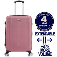 Troler mediu extensibil Quasar & Co.®, 66.5x45x28-33cm, bagaj de cala, troller avion cu fermoar antifurt, cifru, maner telescopic, geamantan cu 4 roti duble silentioase 360°, valiza ABS 2.8 mm, 2 compartimente cu buzunar, SMART, roz pudrat