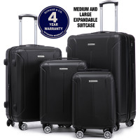 Set 4 trolere Quasar & Co.®, XS/S/M/L, valize cu fermoar antifurt, bagaje mana/cala, cu cifru, maner telescopic, geamantane cu 4 roti duble silentioase 360°, ABS, cate 2 compartimente cu buzunar, SMART, negru