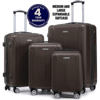 Set 4 trolere Quasar & Co.®, XS/S/M/L, valize cu fermoar antifurt, bagaje mana/cala, cu cifru, maner telescopic, geamantane cu 4 roti duble silentioase 360°, ABS, cate 2 compartimente cu buzunar, SMART, dark coffee