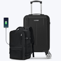 Set troler cabina si rucsac Quasar & Co.®, 55x35x20cm/43x30x20 cm, bagaj de mana, troller cu rucsac calatorie avion, Priority Pack-SMART, ABS/pes, negru