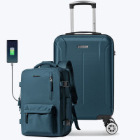 Set troler cabina si rucsac Quasar & Co.®, 55x35x20cm/43x30x20 cm, bagaj de mana, troller cu rucsac calatorie avion, Priority Pack-SMART, ABS/pes, albastru petrol