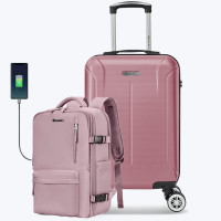 Set troler cabina si rucsac Quasar & Co.®, 55x35x20cm/43x30x20 cm, bagaj de mana, troller cu rucsac calatorie avion, Priority Pack-SMART, ABS/pes, roz pudrat
