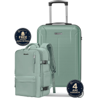Set troler cabina si rucsac Quasar & Co.®, 55x38x21cm/43x30x20 cm, bagaj de mana, troller cu rucsac calatorie avion, Priority Pack-SMART, ABS/pes, turcoaz