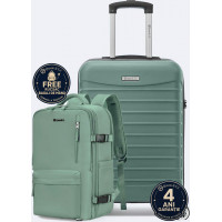 Set troler cabina si rucsac Quasar & Co.®, 55x38x21cm/43x30x20-28 cm, bagaj de mana, troller cu rucsac calatorie avion, Priority Pack-LINE, ABS/pes, turcoaz