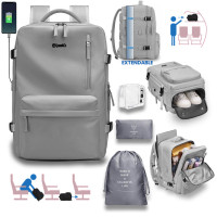 Rucsac voiaj, Quasar & Co.®, bagaj mana avion extensibil 43x30x20-28 cm + sac rufe + husa cabluri + trusa calatorie, rucsac calatorie multifunctional, impermeabil, compartiment pantofi, compartiment laptop, sistem agatare pe troler, textil, gri/gri