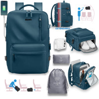 Rucsac voiaj, Quasar & Co.®, bagaj mana avion extensibil 43x30x20-28 cm + sac rufe + husa cabluri + trusa calatorie, rucsac calatorie multifunctional, impermeabil, compartiment pantofi, compartiment laptop, sistem agatare pe troler, textil, petrol/gri