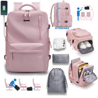 Rucsac voiaj, Quasar & Co.®, bagaj mana avion extensibil 43x30x20-28 cm + sac rufe + husa cabluri + trusa calatorie, rucsac calatorie multifunctional, impermeabil, compartiment pantofi, compartiment laptop, sistem agatare pe troler, textil, roz/gri
