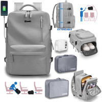 Rucsac voiaj, Quasar & Co.®, bagaj mana avion extensibil 43x30x20-28 cm + 2 x husa haine + trusa calatorie, rucsac calatorie multifunctional, impermeabil, compartiment pantofi, compartiment laptop, sistem agatare pe troler, textil, gri/gri