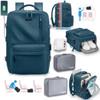 Rucsac voiaj, Quasar & Co.®, bagaj mana avion extensibil 43x30x20-28 cm + 2 x husa haine + trusa calatorie, rucsac calatorie multifunctional, impermeabil, compartiment pantofi, compartiment laptop, sistem agatare pe troler, textil, petrol/gri