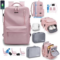 Rucsac voiaj, Quasar & Co.®, bagaj mana avion extensibil 43x30x20-28 cm + 2 x husa haine + trusa calatorie, rucsac calatorie multifunctional, impermeabil, compartiment pantofi, compartiment laptop, sistem agatare pe troler, textil, roz/gri