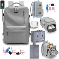 Rucsac voiaj, Quasar & Co.®, bagaj mana avion extensibil 43x30x20-28 cm + husa haine + sac rufe + trusa calatorie, rucsac calatorie multifunctional, impermeabil, compartiment pantofi, compartiment laptop, sistem agatare pe troler, textil, gri/gri