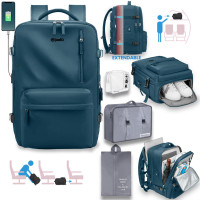 Rucsac voiaj, Quasar & Co.®, bagaj mana avion extensibil 43x30x20-28 cm + husa haine + sac rufe + trusa calatorie, rucsac calatorie multifunctional, impermeabil, compartiment pantofi, compartiment laptop, sistem agatare pe troler, textil, petrol/gri