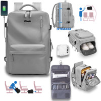 Rucsac voiaj, Quasar & Co.®, bagaj mana avion extensibil 43x30x20-28 cm + trusa cosmetice cu carlig + trusa calatorie, rucsac calatorie multifunctional, impermeabil, compartiment pantofi, compartiment laptop, sistem agatare pe troler, textil, gri/gri