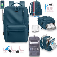 Rucsac voiaj, Quasar & Co.®, bagaj mana avion extensibil 43x30x20-28 cm + trusa cosmetice cu carlig + trusa calatorie, rucsac calatorie multifunctional, impermeabil, compartiment pantofi, compartiment laptop, sistem agatare pe troler, textil, petrol/gri