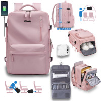 Rucsac voiaj, Quasar & Co.®, bagaj mana avion extensibil 43x30x20-28 cm + trusa cosmetice cu carlig + trusa calatorie, rucsac calatorie multifunctional, impermeabil, compartiment pantofi, compartiment laptop, sistem agatare pe troler, textil, roz/gri