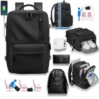 Rucsac voiaj, Quasar & Co.®, bagaj mana avion extensibil 43x30x20-28 cm + sac rufe + husa cabluri + trusa calatorie, rucsac calatorie multifunctional, impermeabil, compartiment pantofi, compartiment laptop, sistem agatare pe troler, textil, negru/negru