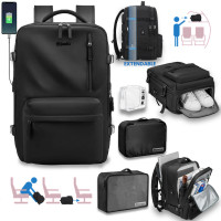 Rucsac voiaj, Quasar & Co.®, bagaj mana avion extensibil 43x30x20-28 cm + 2 x husa haine + trusa calatorie, rucsac calatorie multifunctional, impermeabil, compartiment pantofi, compartiment laptop, sistem agatare pe troler, textil, negru/negru
