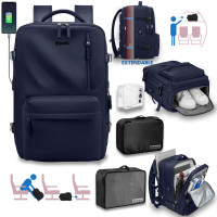 Rucsac voiaj, Quasar & Co.®, bagaj mana avion extensibil 43x30x20-28 cm + 2 x husa haine + trusa calatorie, rucsac calatorie multifunctional, impermeabil, compartiment pantofi, compartiment laptop, sistem agatare pe troler, textil, bleumarin/negru