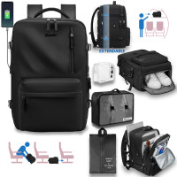 Rucsac voiaj, Quasar & Co.®, bagaj mana avion extensibil 43x30x20-28 cm + husa haine + sac rufe + trusa calatorie, rucsac calatorie multifunctional, impermeabil, compartiment pantofi, compartiment laptop, sistem agatare pe troler, textil, negru/negru